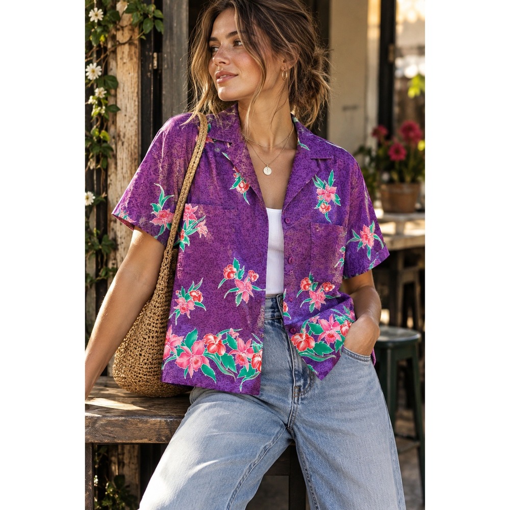 Vintage 80s Hilo Hatties Aloha Shirt Purple Orchid Floral Cotton USA L